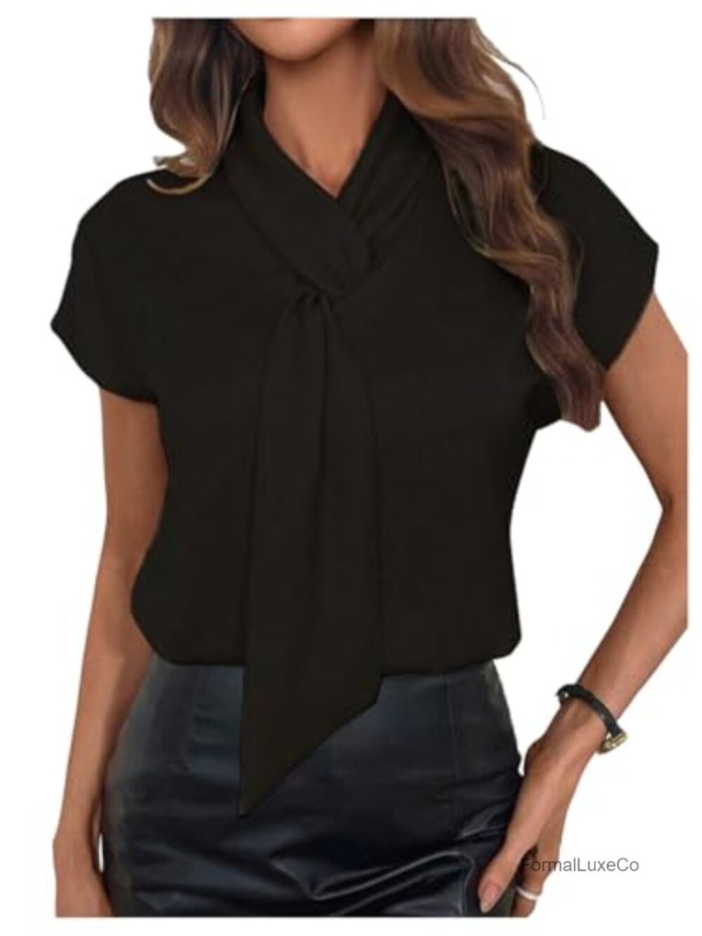 Floerns Women's Tie Neck Metallic Blouse Dolman Cap Sleeve Office Work Top